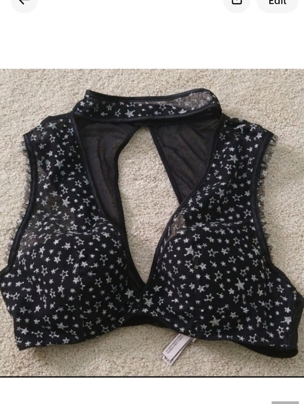 Victoria Secret Blacl Lace +Silver metallic Star Chemi Top Size M